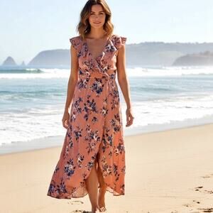 Xhilaration Floral Maxi Dress Womens Large Dusty Pink Blue Ruffled Boho V-Neck
